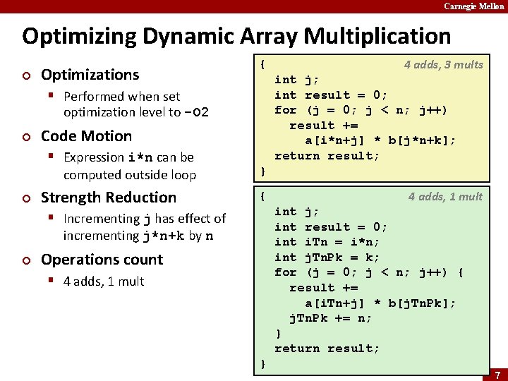 Carnegie Mellon Optimizing Dynamic Array Multiplication ¢ Optimizations { int j; int result =