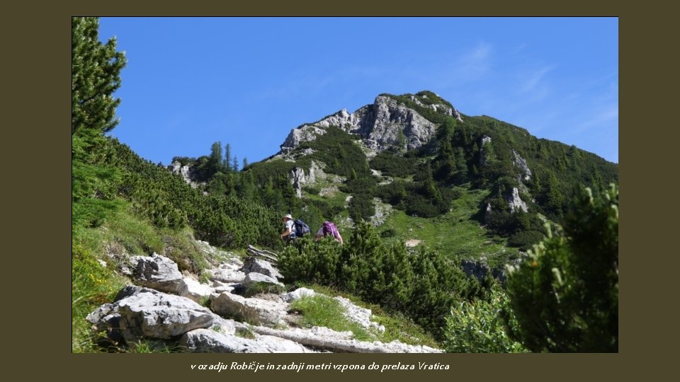 v ozadju Robičje in zadnji metri vzpona do prelaza Vratica 