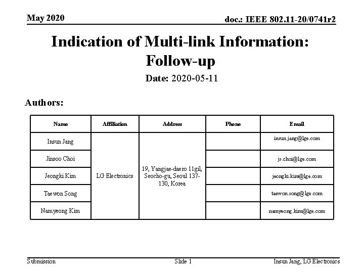 May 2020 doc. : IEEE 802. 11 -20/0741 r 2 Indication of Multi-link Information: