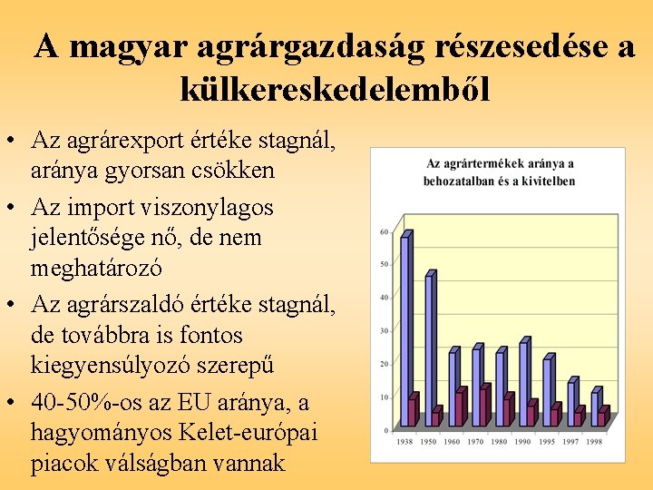 A magyar agrárgazdaság részesedése a külkereskedelemből • Az agrárexport értéke stagnál, aránya gyorsan csökken
