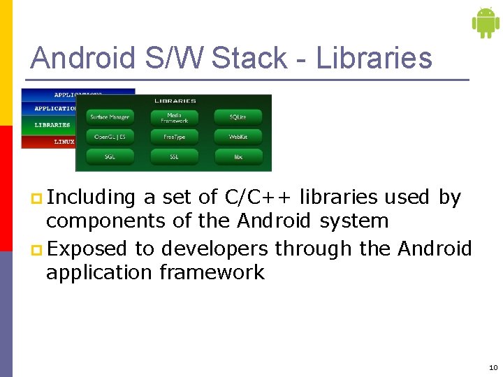 Android S/W Stack - Libraries p Including a set of C/C++ libraries used by