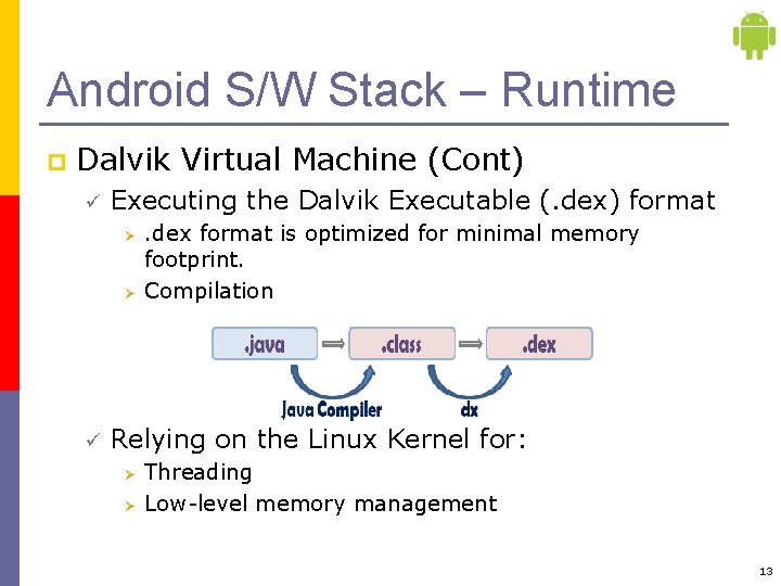 Android S/W Stack – Runtime p Dalvik Virtual Machine (Cont) ü Executing the Dalvik