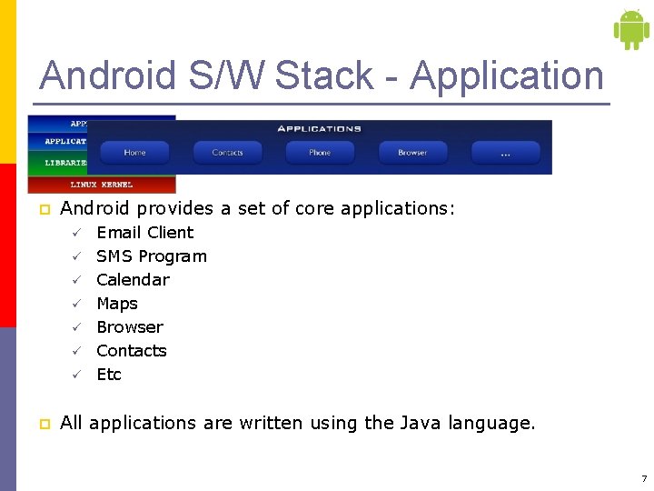 Android S/W Stack - Application p Android provides a set of core applications: ü