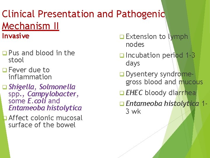 Clinical Presentation and Pathogenic Mechanism II Invasive q Pus and blood in the stool