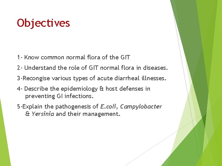 Objectives 1 - Know common normal flora of the GIT 2 - Understand the