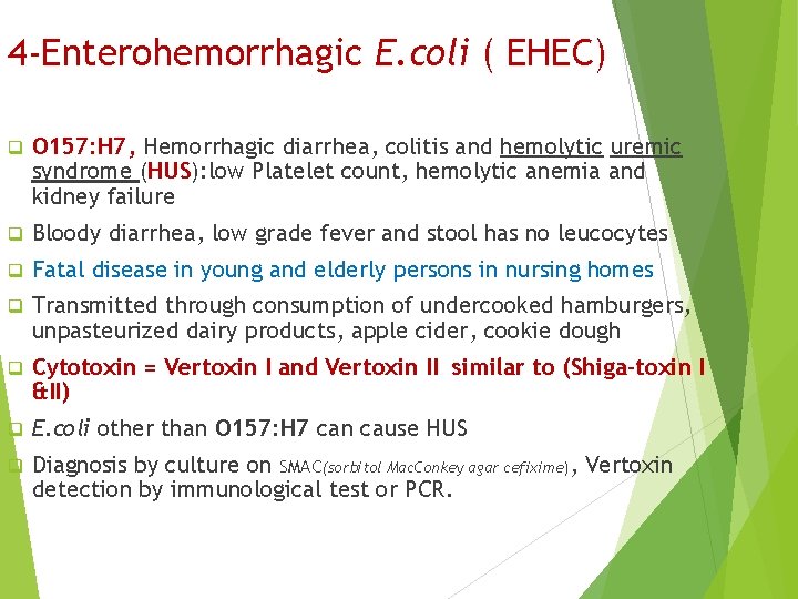 4 -Enterohemorrhagic E. coli ( EHEC) q O 157: H 7, Hemorrhagic diarrhea, colitis