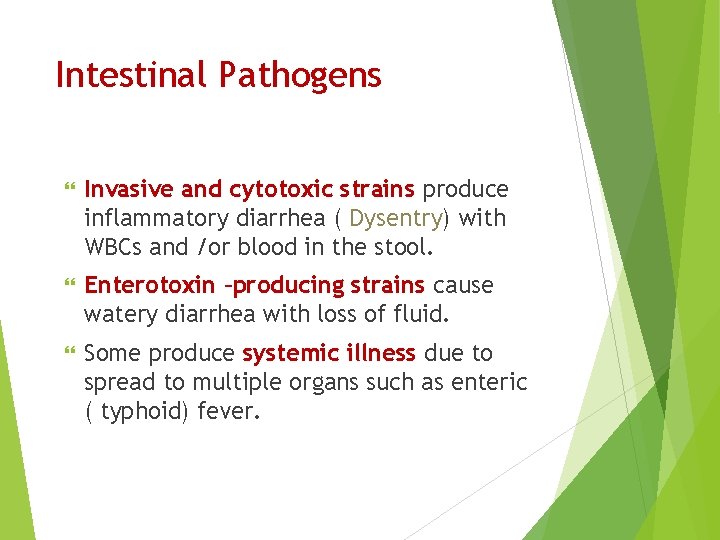 Intestinal Pathogens Invasive and cytotoxic strains produce inflammatory diarrhea ( Dysentry) with WBCs and