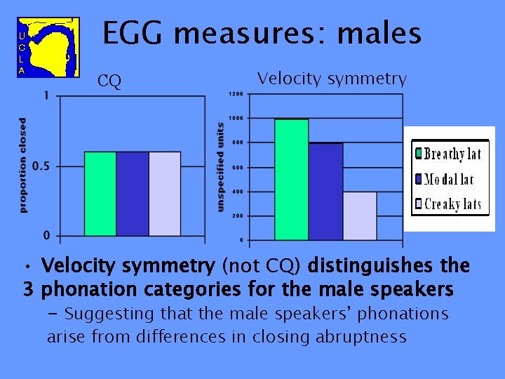 EGG measures: males CQ Velocity symmetry • Velocity symmetry (not CQ) distinguishes the 3