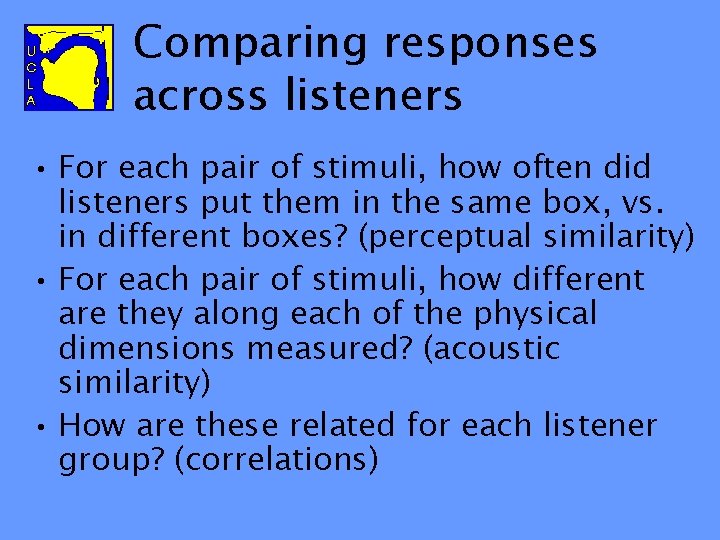 Comparing responses across listeners • For each pair of stimuli, how often did listeners