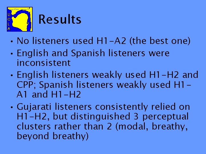 Results • No listeners used H 1 -A 2 (the best one) • English