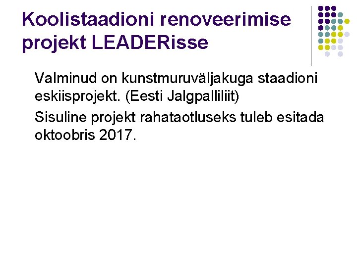 Koolistaadioni renoveerimise projekt LEADERisse Valminud on kunstmuruväljakuga staadioni eskiisprojekt. (Eesti Jalgpalliliit) Sisuline projekt rahataotluseks