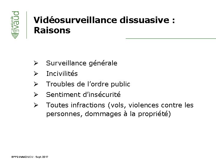 Vidéosurveillance dissuasive : Raisons Ø Surveillance générale Ø Incivilités Ø Troubles de l’ordre public