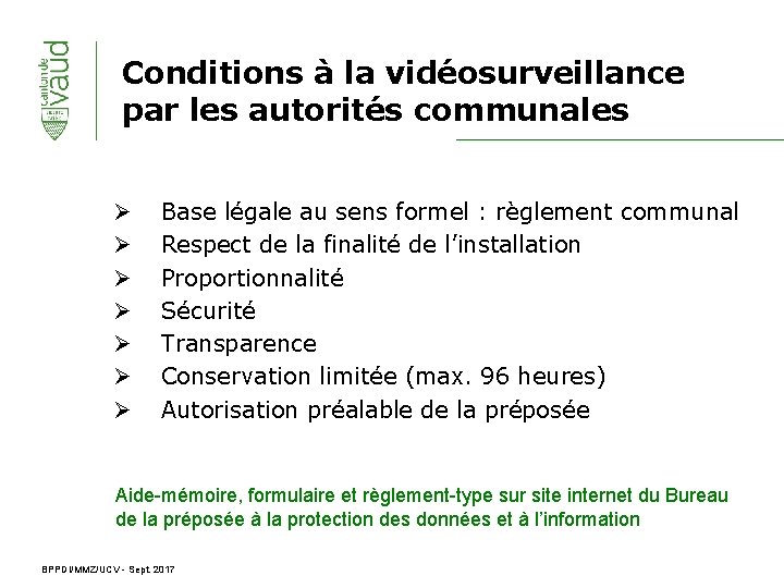 Conditions à la vidéosurveillance par les autorités communales Ø Ø Ø Ø Base légale