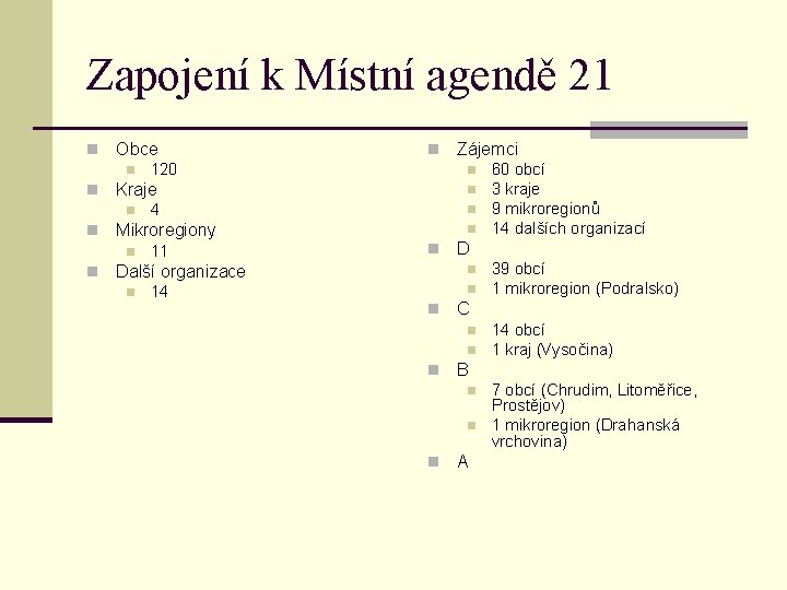 Zapojení k Místní agendě 21 n Obce n n 4 n Mikroregiony n n