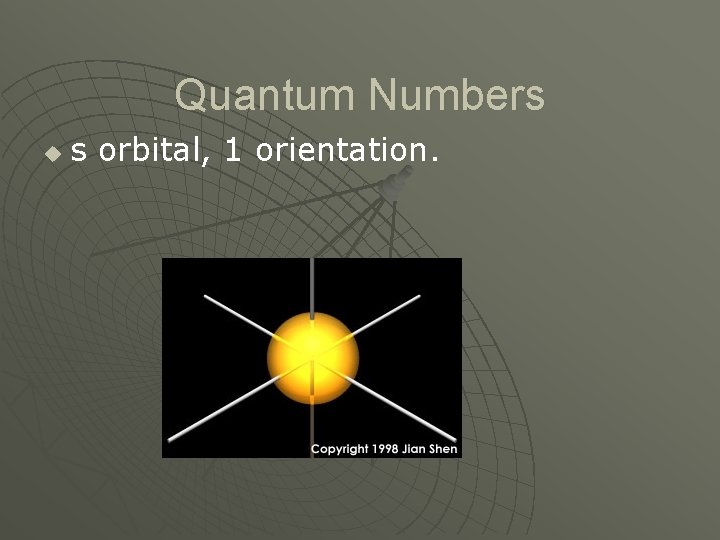 Quantum Numbers u s orbital, 1 orientation. 