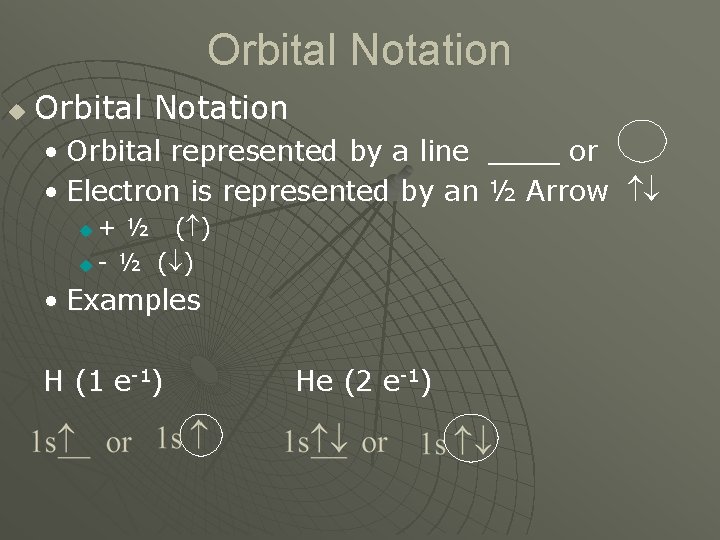 Orbital Notation u Orbital Notation • Orbital represented by a line ____ or •