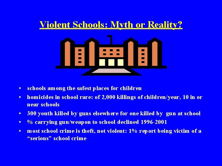 Violent Schools: Myth or Reality? • schools among the safest places for children •