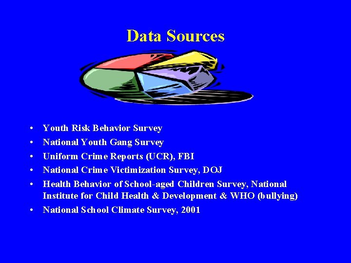 Data Sources • • • Youth Risk Behavior Survey National Youth Gang Survey Uniform