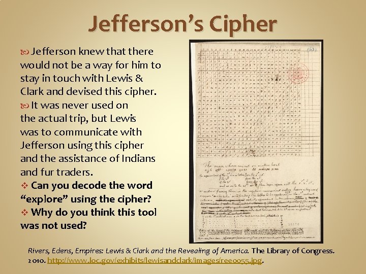 Jefferson’s Cipher Jefferson knew that there would not be a way for him to