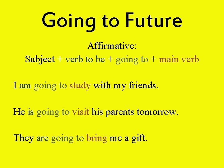 Going to Future Affirmative: Subject + verb to be + going to + main