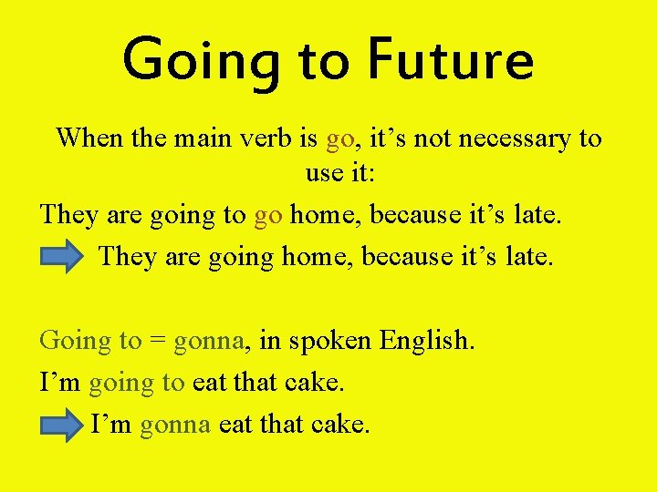Going to Future When the main verb is go, it’s not necessary to use