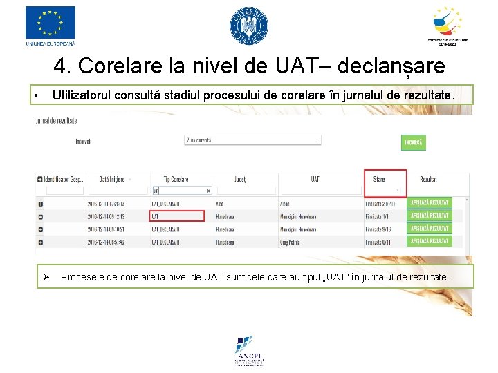 4. Corelare la nivel de UAT– declanșare • Utilizatorul consultă stadiul procesului de corelare