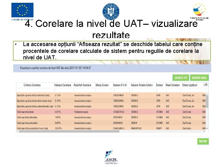 4. Corelare la nivel de UAT– vizualizare rezultate • La accesarea opțiunii “Afiseaza rezultat”