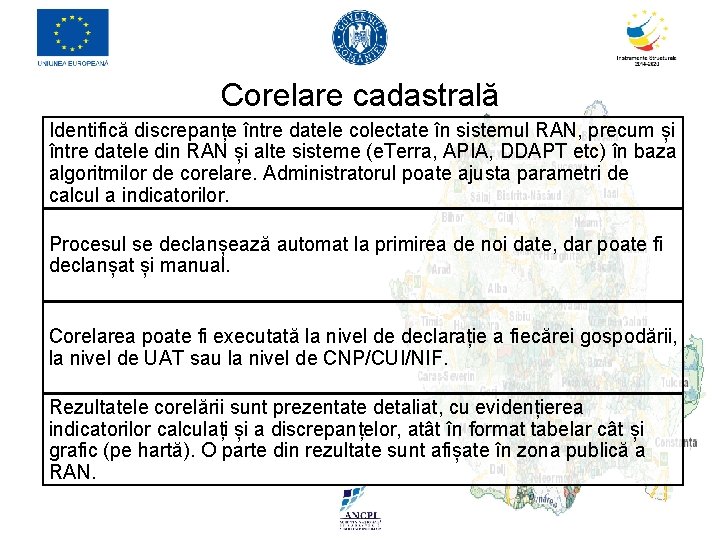 Corelare cadastrală Identifică discrepanțe între datele colectate în sistemul RAN, precum și între datele