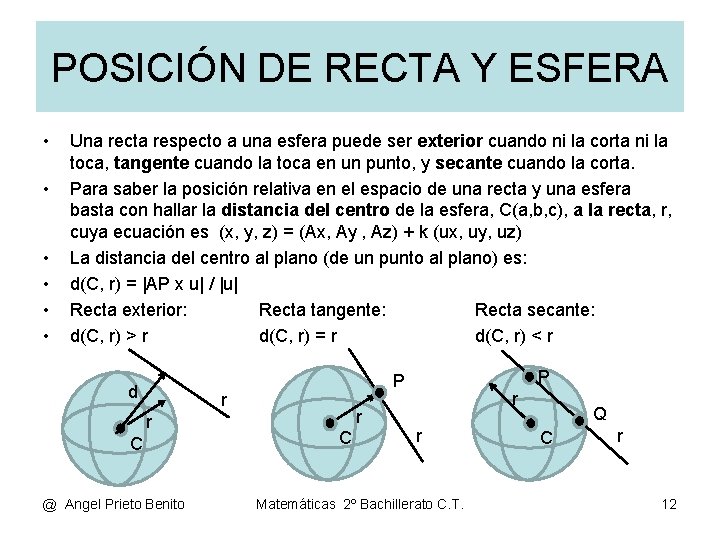 POSICIÓN DE RECTA Y ESFERA • • • Una recta respecto a una esfera