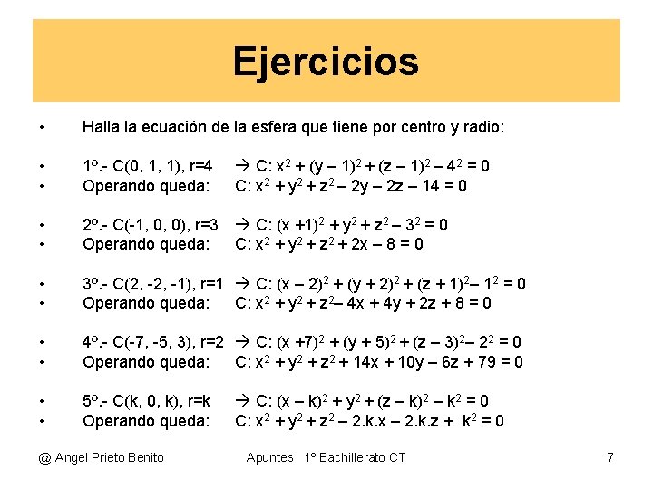 Ejercicios • Halla la ecuación de la esfera que tiene por centro y radio: