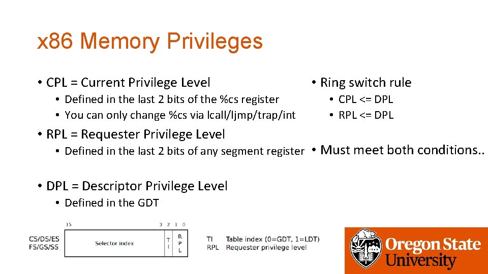 x 86 Memory Privileges • CPL = Current Privilege Level • Defined in the