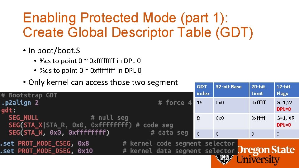Enabling Protected Mode (part 1): Create Global Descriptor Table (GDT) • In boot/boot. S