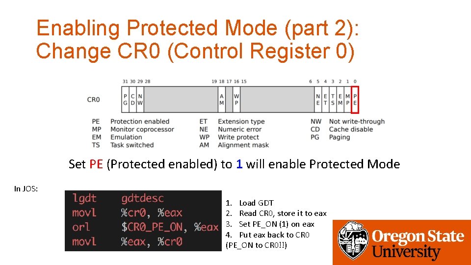 Enabling Protected Mode (part 2): Change CR 0 (Control Register 0) Set PE (Protected