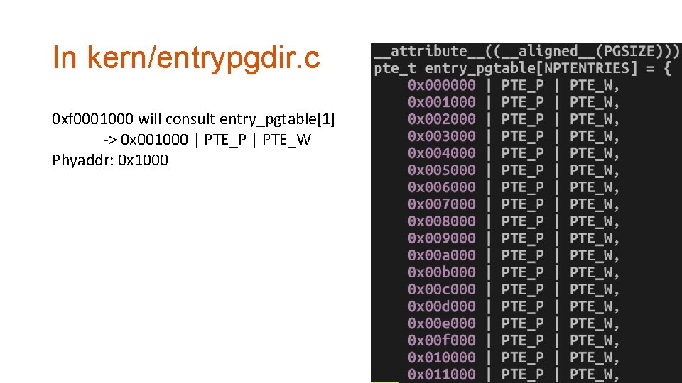 In kern/entrypgdir. c 0 xf 0001000 will consult entry_pgtable[1] -> 0 x 001000 |