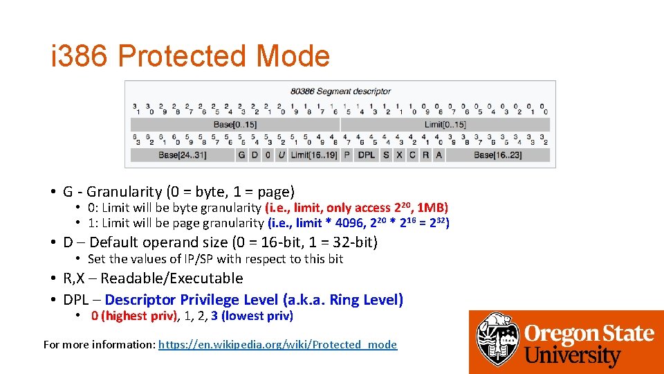 i 386 Protected Mode • G - Granularity (0 = byte, 1 = page)