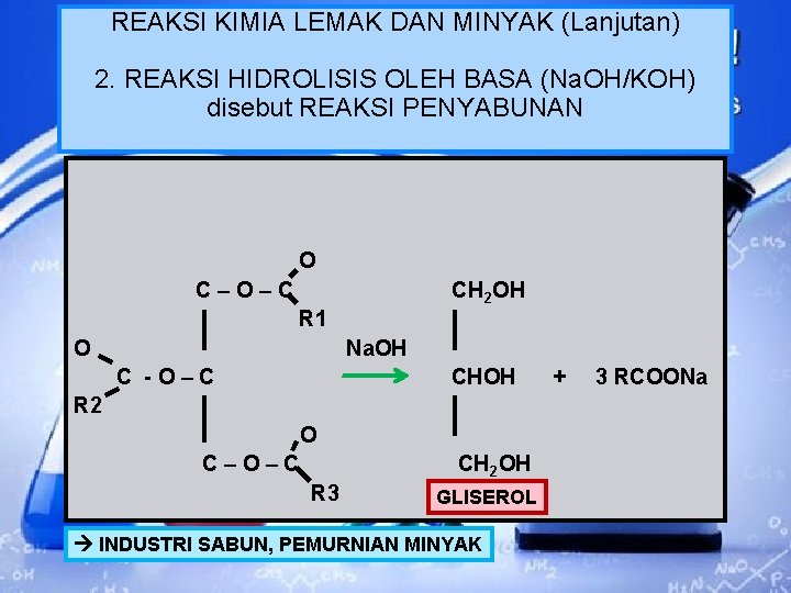 REAKSI KIMIA LEMAK DAN MINYAK (Lanjutan) 2. REAKSI HIDROLISIS OLEH BASA (Na. OH/KOH) disebut