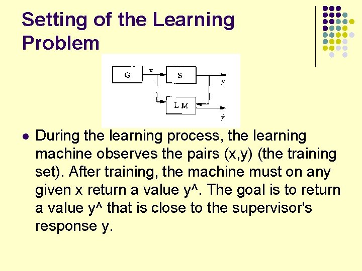 Setting of the Learning Problem l During the learning process, the learning machine observes