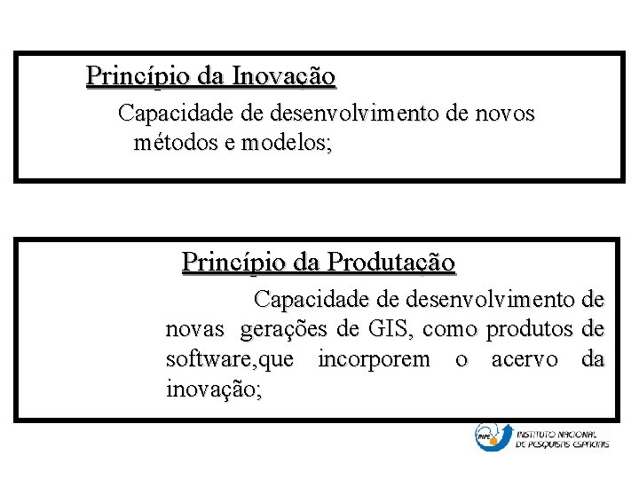 Princípio da Inovação Capacidade de desenvolvimento de novos métodos e modelos; Princípio da Produtação