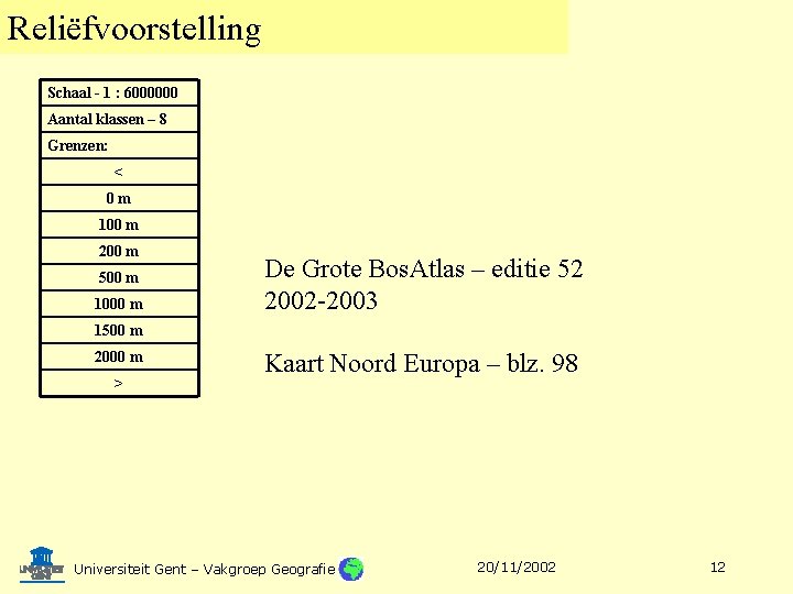 Reliëfvoorstelling Schaal - 1 : 6000000 Aantal klassen – 8 Grenzen: < 0 m