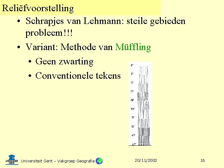 Reliëfvoorstelling • Schrapjes van Lehmann: steile gebieden probleem!!! • Variant: Methode van Müffling •