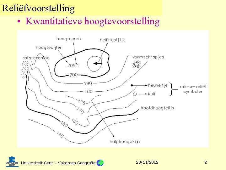 Reliëfvoorstelling • Kwantitatieve hoogtevoorstelling Universiteit Gent – Vakgroep Geografie 20/11/2002 2 