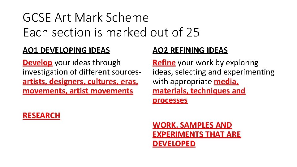 GCSE Art Mark Scheme Each section is marked out of 25 AO 1 DEVELOPING