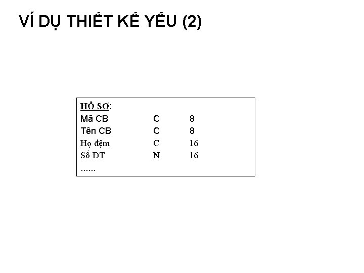 VÍ DỤ THIẾT KẾ YẾU (2) HỒ SƠ: Mã CB Tên CB Họ đệm