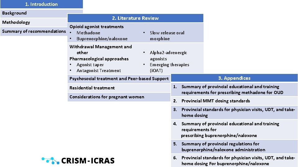 1. Introduction Background Methodology 2. Literature Review Opioid agonist treatments Summary of recommendations •