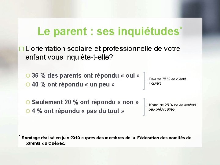 Le parent : ses inquiétudes* � L’orientation scolaire et professionnelle de votre enfant vous