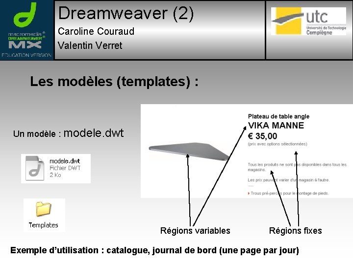 Dreamweaver (2) Caroline Couraud Valentin Verret Les modèles (templates) : Un modèle : modele.