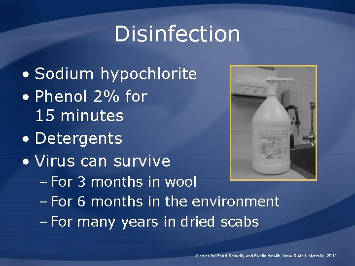 Disinfection • Sodium hypochlorite • Phenol 2% for 15 minutes • Detergents • Virus