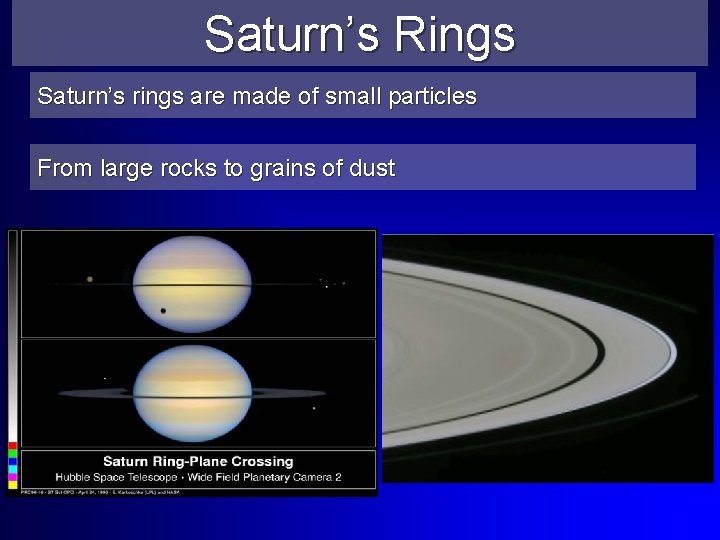 Saturn’s Rings Saturn’s rings are made of small particles From large rocks to grains