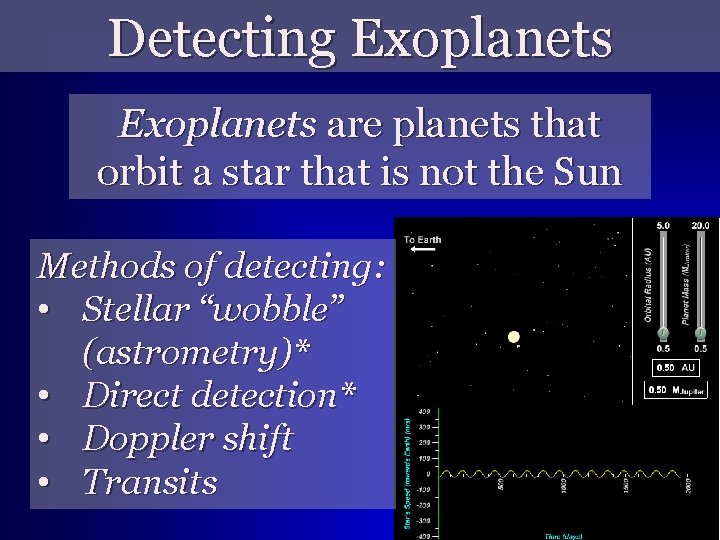 Detecting Exoplanets are planets that orbit a star that is not the Sun Methods