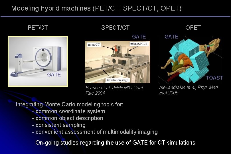 Modeling hybrid machines (PET/CT, SPECT/CT, OPET) PET/CT SPECT/CT OPET GATE TOAST Brasse et al,